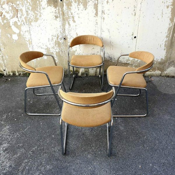 Set Of 4 Mid Century Modern Tubular, Retro Fabric Dining Chairs