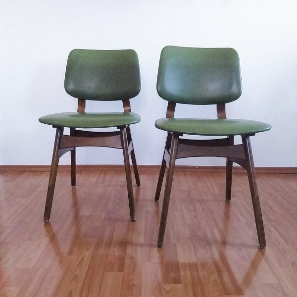 Pair Of Midcentury Modern Dining Chairs, Scandinavian Design Chairs, Green Eco Leather, 60s