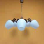 Vintage Furniture Online Shop - Vintage Ceiling Lamp, Five Milkglass Shades Lamp, Glass And Wood Hanging Light, 70s