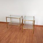 Set of 2 Glass and Brass Italian Coffee Tables, Hollywood Regency Style Side Tables, Vintage Glass Nightstands