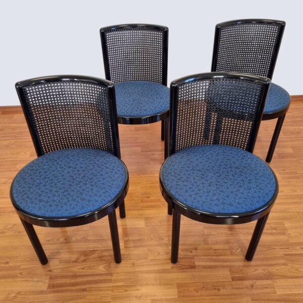 Set Of 4 Italian Dinning Chairs, Laquered Wood and Cane Chairs, Black Dinning Chairs, 80s
