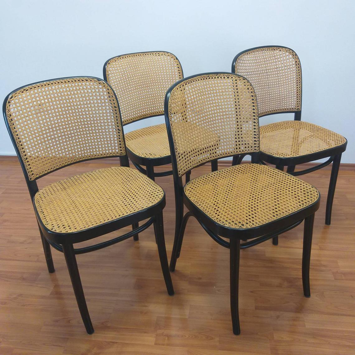 Set of 4 Cane Bentwood Chairs, Josef Hofmann Prague Chairs, N.811 Chair, Italy 80s