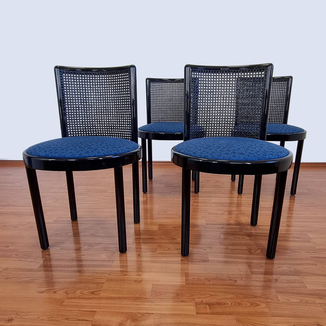 Set Of 4 Italian Dinning Chairs, Laquered Wood and Cane Chairs, Black Dinning Chairs, 80s