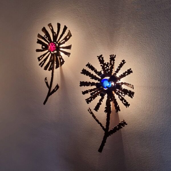 Pair Of Brutalist Wall Lamps, Brutalist Wall Sconces, Flower Wall Lights, Murano Glass, Italy, 60s