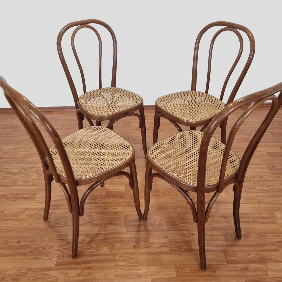 Set Of 4 Thonet Style Dining Chairs, Thonet n14 Chairs, Cane Dining Chairs, 80s
