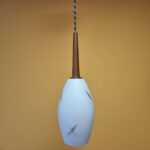 Vintage Milk Glass Pendant Light, Glass and Teak Light, Scandinavian Design Pendant Lamp, 60s
