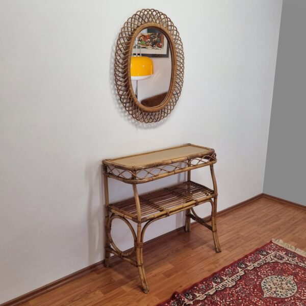 Vintage Rattan Entryway Set, Bonacina Wicker Set, Bamboo Console Table And Mirror, 70s, Italy
