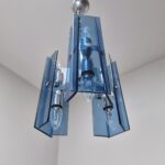 Mid Century Blue Crystal Glass Pendant Lamp, Fontana Arte Style, Italy, 70s