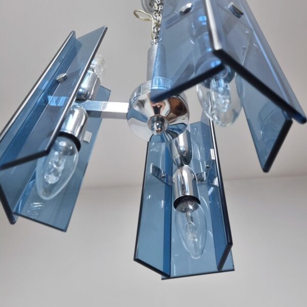 Mid Century Blue Crystal Glass Pendant Lamp, Fontana Arte Style, Italy, 70s