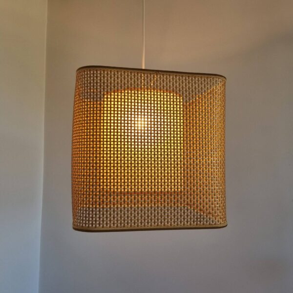Mid Century Rattan Lamp, Cane Hanging Light, Cube Ceiling Light,Italian Design, 70s