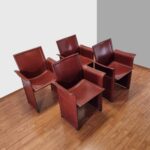 Set Of 4 Original Cognac Leather Dining Chairs by Tito Agnoli for Matteo Grassi, Italy 70s