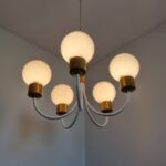 Vintage High Ceiling Lamp, Five Milkglass Shades Lamp, Glass And Wood Hanging Light, 70s