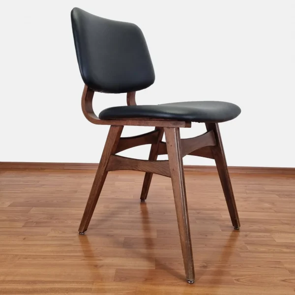 Midcentury Modern Dining Chair, Scandinavian Design Chair, Black Eco Leather, 60s