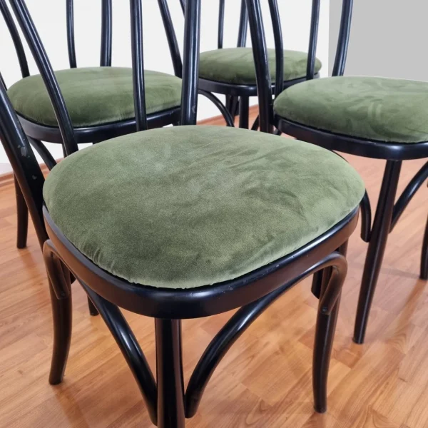 Set Of 4 Thonet Style Dining Chairs, Thonet n14 Chairs, Green Velvet Dining Chairs, 90s