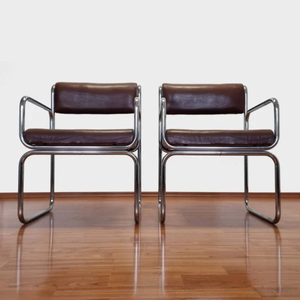 Pair of Vintage Bauhaus Style Tubular Chairs, Brown Leather, Italy 70s
