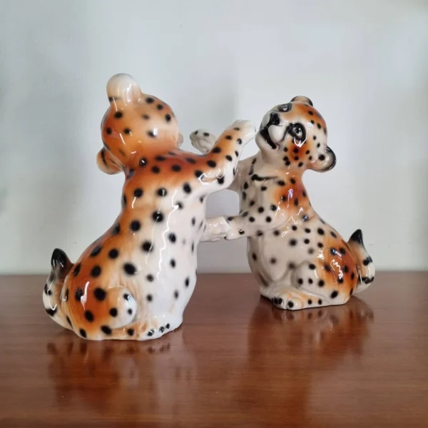 Pair Of Vintage Ceramic Cheetah Cubs, Italy 80s