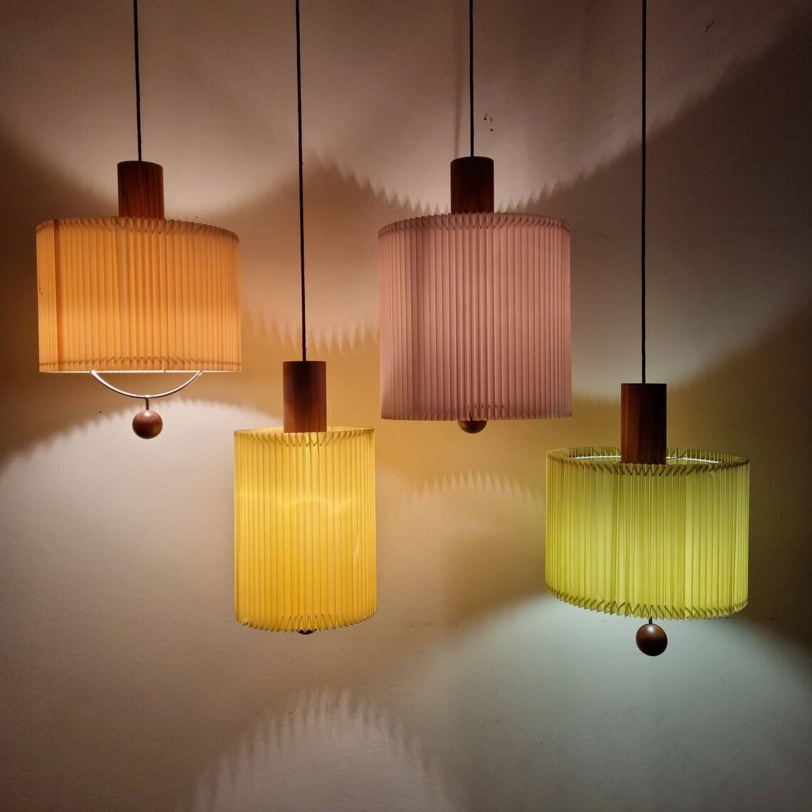 Set Of 4 Pleated Shade Ceiling Lamps, Danish Design, Italy 70s