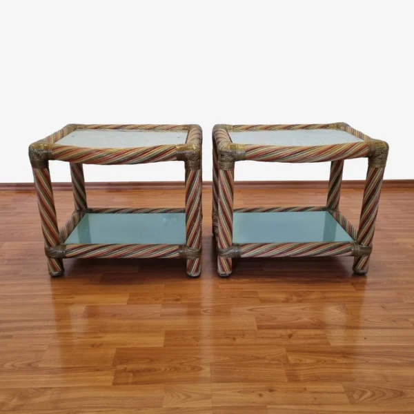 Pair Of Vintage Cane Nightstands, Italian Rattan Bedside Tables, 80s