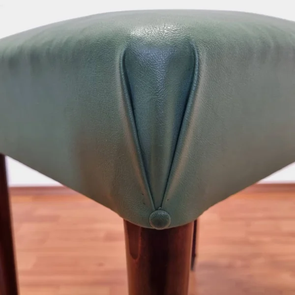 Mid Century Wooden Stool, Green Faux Leather Stool, Italy 60s