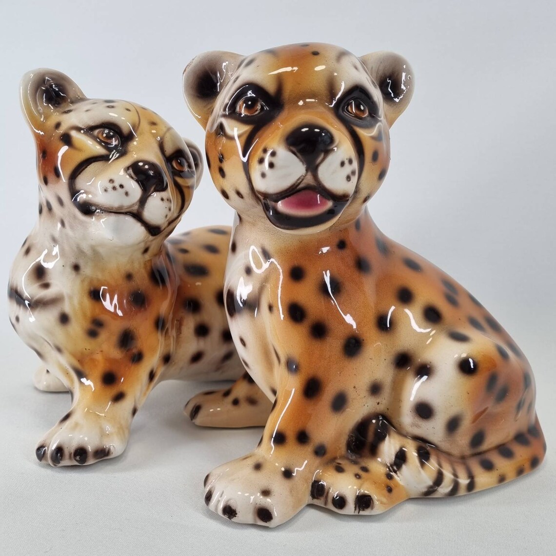 Pair Of Vintage Ceramic Cheetah Cubs, Montebello Ceramics, Italy 70s