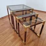 Set Of 3 Brass and Briar Coffee Tables, Italy 70s
