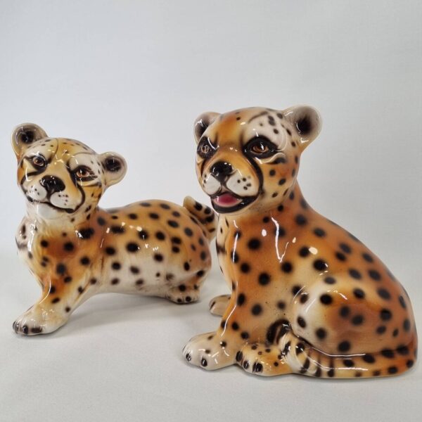 Pair Of Vintage Ceramic Cheetah Cubs, Montebello Ceramics, Italy 70s