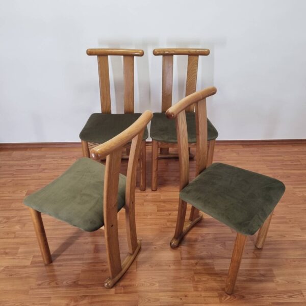 Set Of 4 Mid Century Modern Dinning Chairs, Wood And Vervet Chairs, Italy 80s