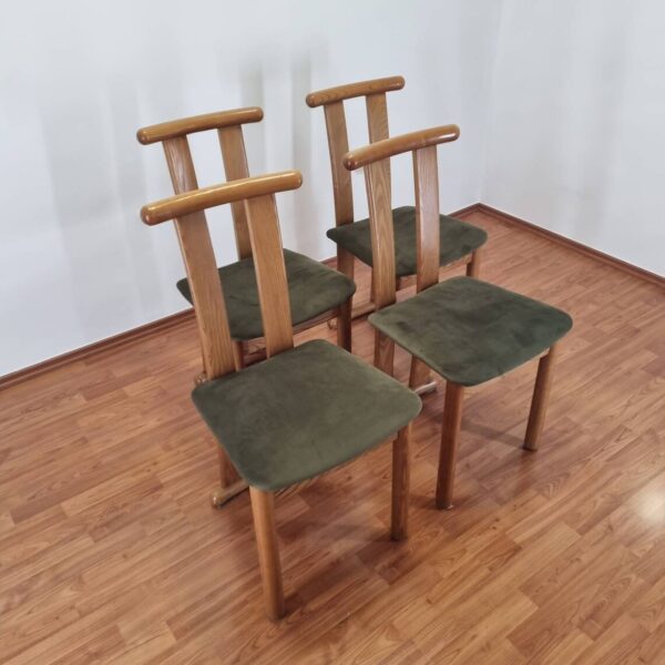 Set Of 4 Mid Century Modern Dinning Chairs, Wood And Vervet Chairs, Italy 80s