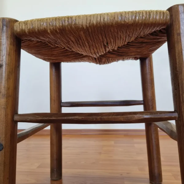 1 of 3 Vintage Rustic Stools, Wood and Cane Stools, Italy 80s