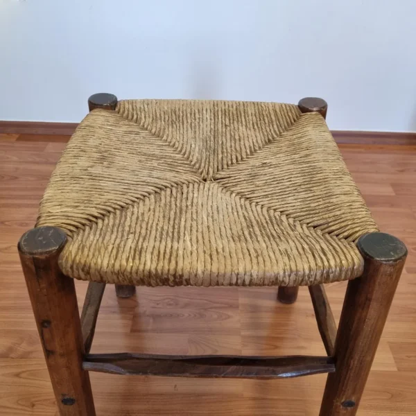 1 of 3 Vintage Rustic Stools, Wood and Cane Stools, Italy 80s