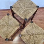 1 of 3 Vintage Rustic Stools, Wood and Cane Stools, Italy 80s