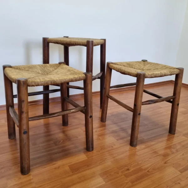 1 of 3 Vintage Rustic Stools, Wood and Cane Stools, Italy 80s