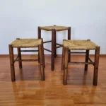 1 of 3 Vintage Rustic Stools, Wood and Cane Stools, Italy 80s
