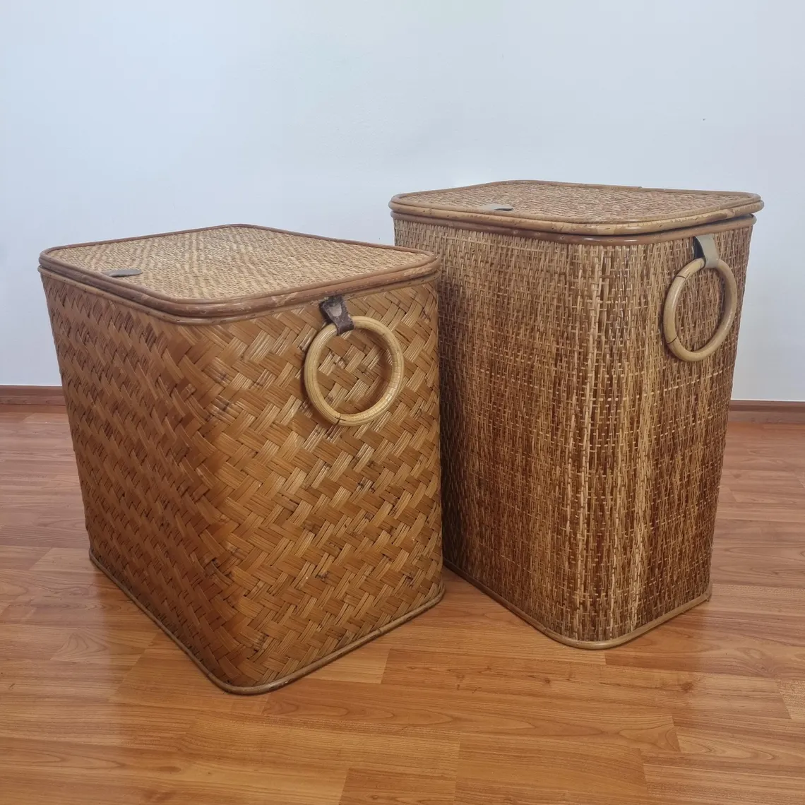 1 of 2 Vintage Rattan And Bamboo Loundry Baskets, Italy 80s